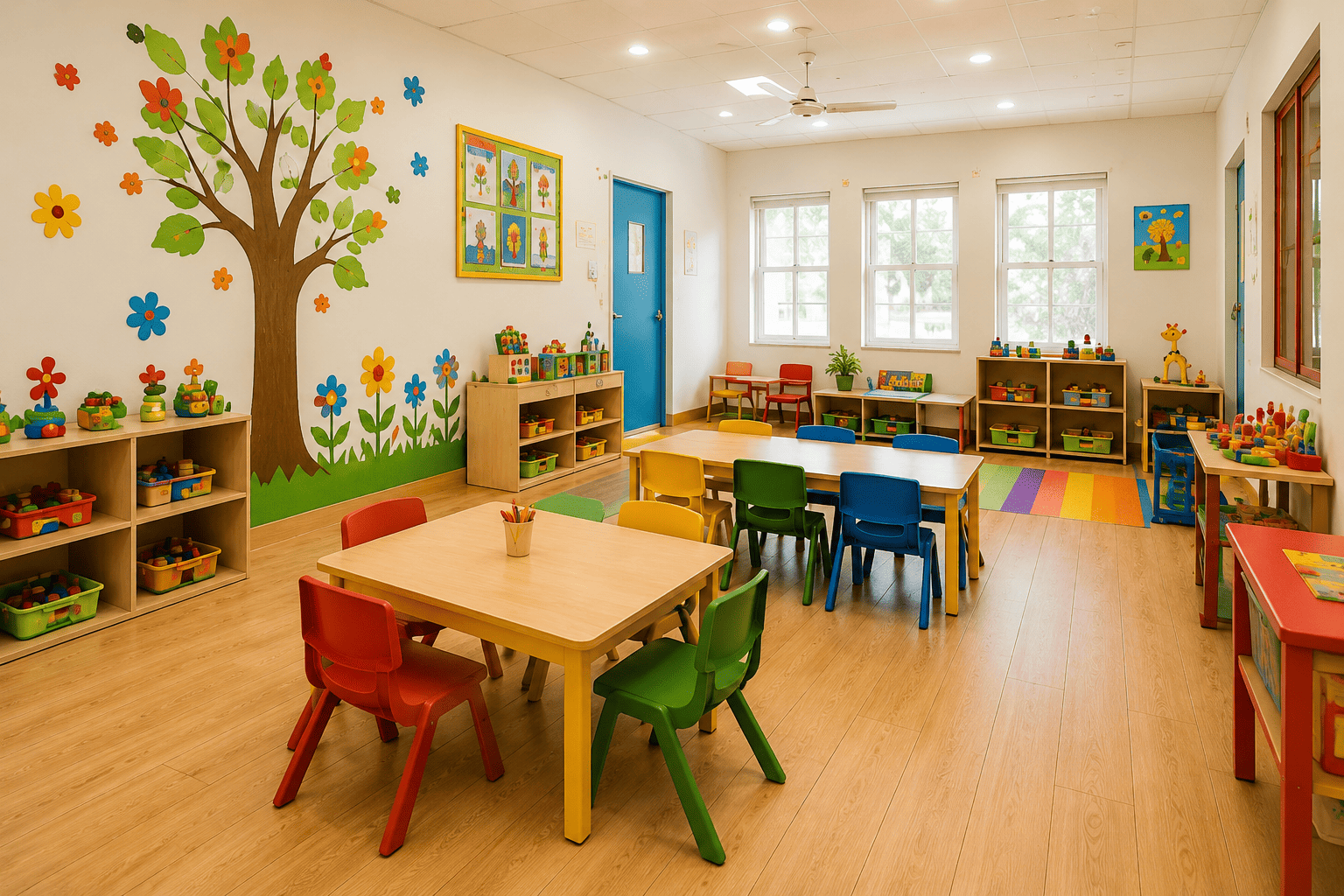 Bright, colourful preschool classroom with tables and shelves